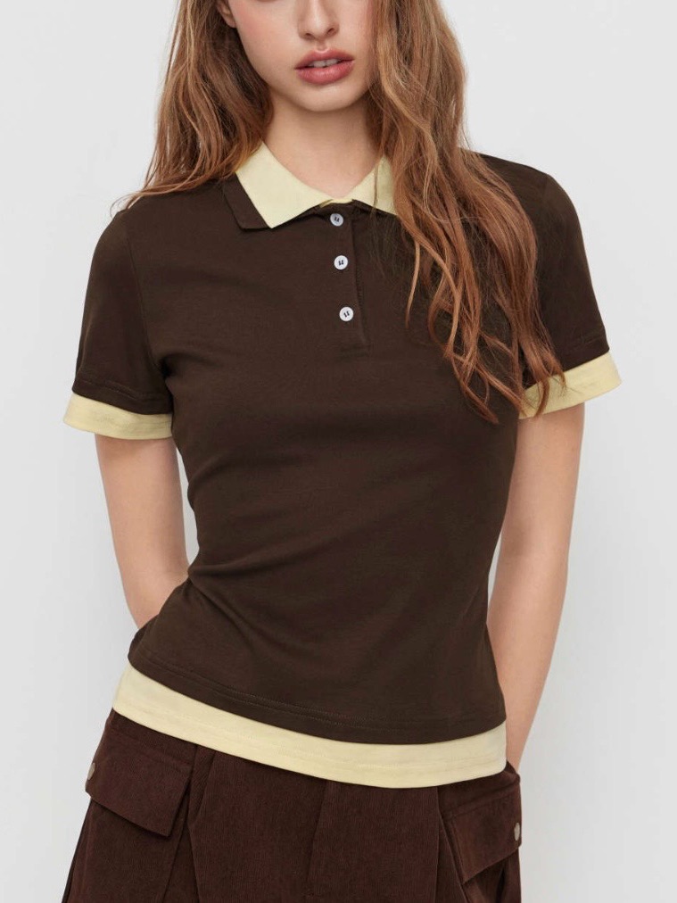 - Cider-Colorblock Polo Cotton Knit Top. Rich Chocolate Brown/Cream. Size: Med